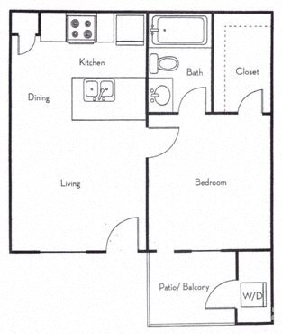 Floor plan for 1 bed, 1 bath, 440 sqft